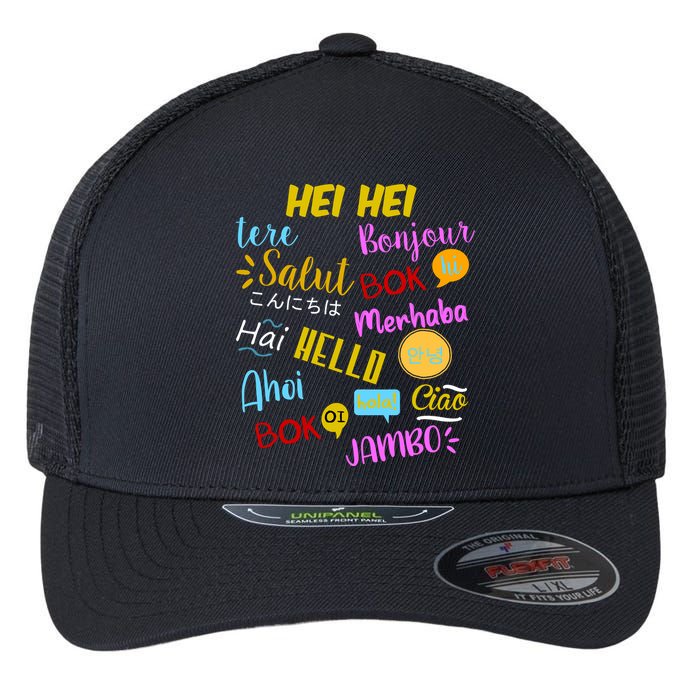 Hello Word In Different Languages Travel And Teacher Flexfit Unipanel Trucker Cap