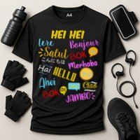 Hello Word In Different Languages Travel And Teacher Performance Shirt