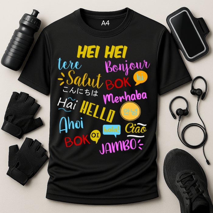 Hello Word In Different Languages Travel And Teacher Performance Shirt