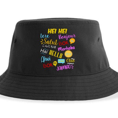 Hello Word In Different Languages Travel And Teacher Sustainable Bucket Hat