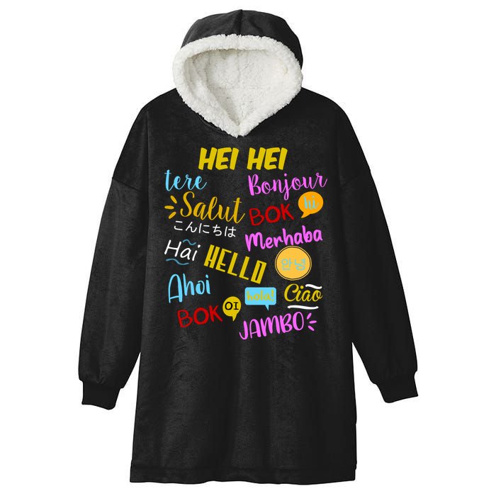 Hello Word In Different Languages Travel And Teacher Hooded Wearable Blanket