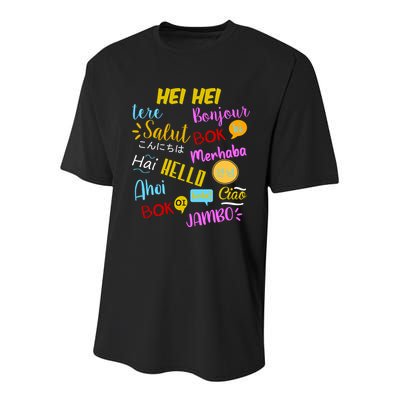 Hello Word In Different Languages Travel And Teacher Youth Performance Sprint T-Shirt
