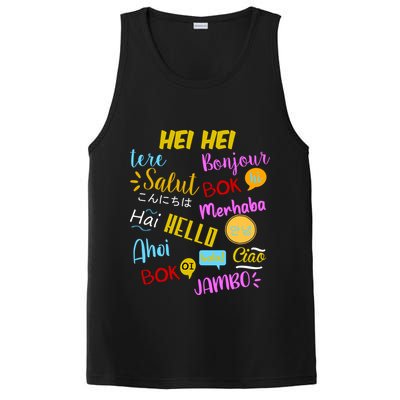 Hello Word In Different Languages Travel And Teacher PosiCharge Competitor Tank