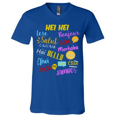 Hello Word In Different Languages Travel And Teacher V-Neck T-Shirt