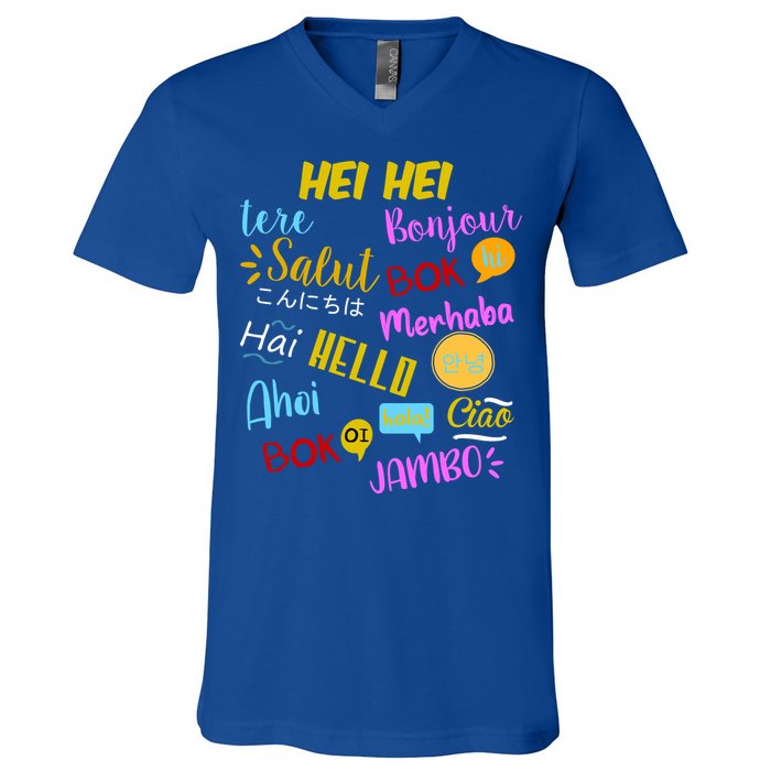 Hello Word In Different Languages Travel And Teacher V-Neck T-Shirt