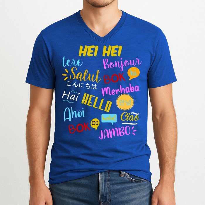 Hello Word In Different Languages Travel And Teacher V-Neck T-Shirt