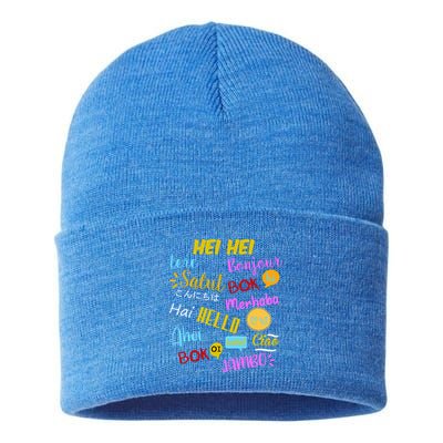 Hello Word In Different Languages Travel And Teacher Sustainable Knit Beanie