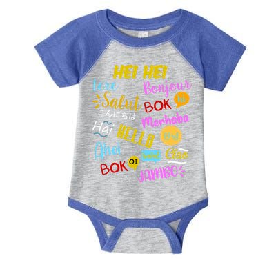 Hello Word In Different Languages Travel And Teacher Infant Baby Jersey Bodysuit