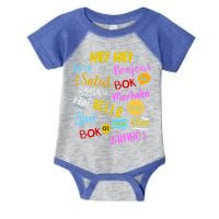 Hello Word In Different Languages Travel And Teacher Infant Baby Jersey Bodysuit