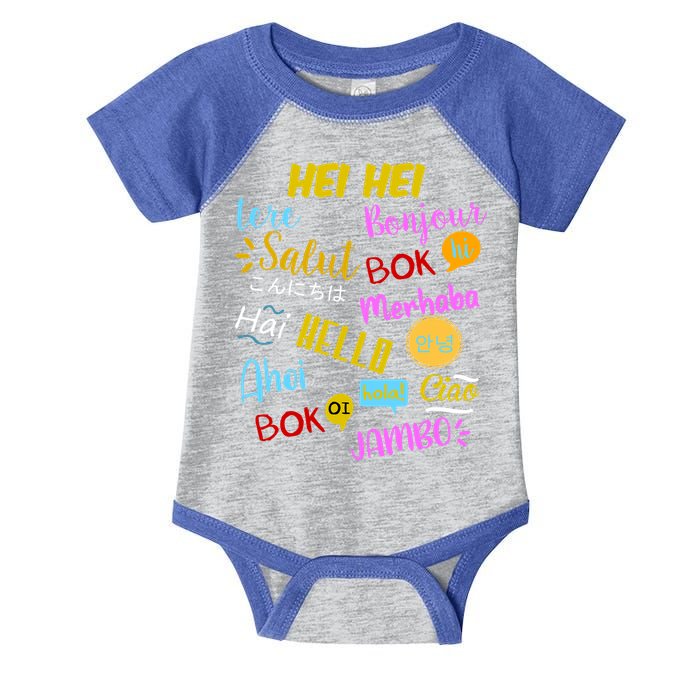 Hello Word In Different Languages Travel And Teacher Infant Baby Jersey Bodysuit