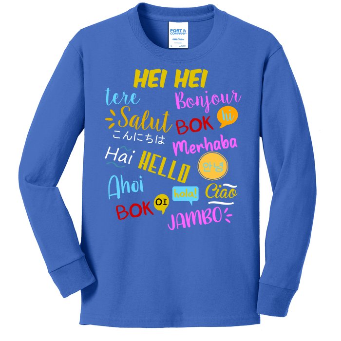 Hello Word In Different Languages Travel And Teacher Kids Long Sleeve Shirt