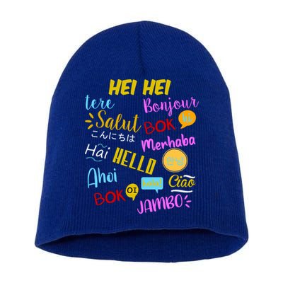 Hello Word In Different Languages Travel And Teacher Short Acrylic Beanie