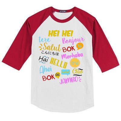 Hello Word In Different Languages Travel And Teacher Kids Colorblock Raglan Jersey