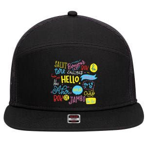 Hello Word In Different Languages Travel And Teacher Gift 7 Panel Mesh Trucker Snapback Hat