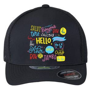 Hello Word In Different Languages Travel And Teacher Gift Flexfit Unipanel Trucker Cap