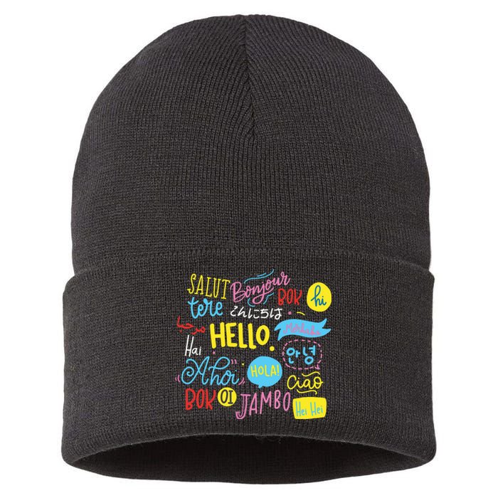 Hello Word In Different Languages Travel And Teacher Gift Sustainable Knit Beanie