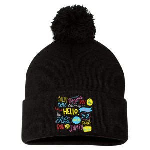 Hello Word In Different Languages Travel And Teacher Gift Pom Pom 12in Knit Beanie