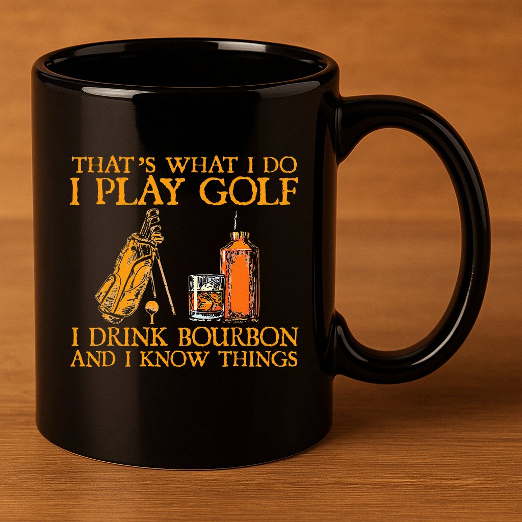 HatS What I Do I Play Golf I Drink Bourbon & I Know Hings 11oz C Handle Ceramic Mug