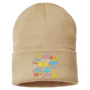 Hello Word In Different Languages Travel And Teacher Gift Sustainable Knit Beanie