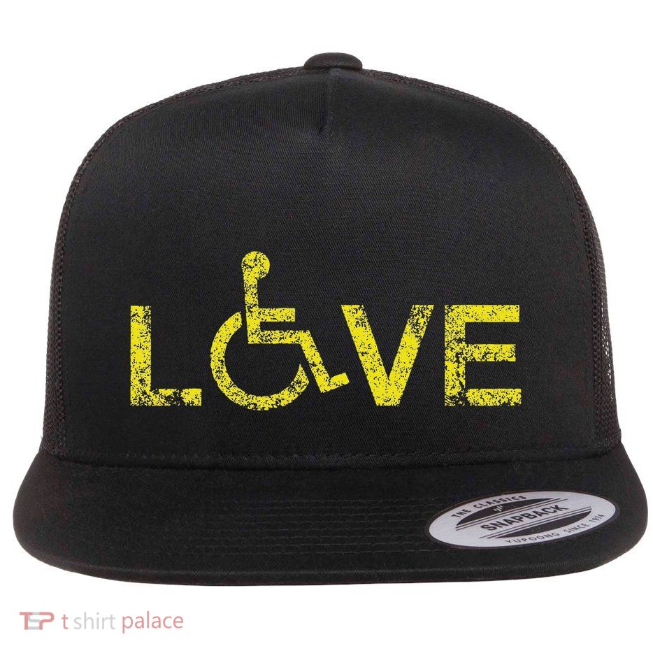Handicap Wheelchair Love Flat Bill Trucker Hat