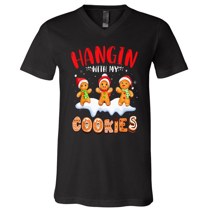 Hangin With My Cookies Gingerbread Christmas Teacher V-Neck T-Shirt