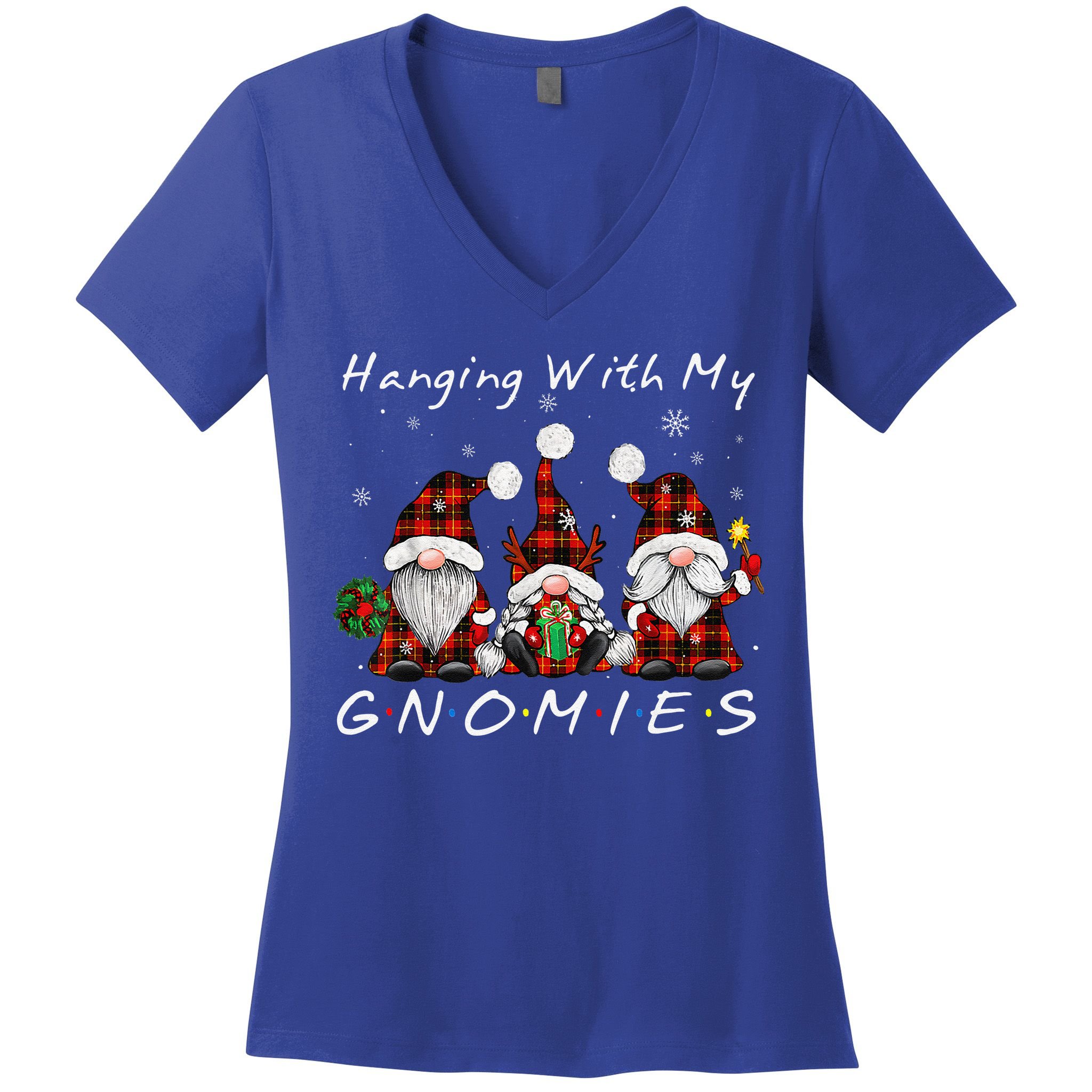 Hanging With My Gnomies Buffalo Red Plaid Christmas Gnome Women's V-Neck T-Shirt