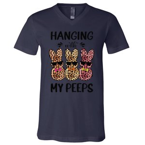 Hanging With My Peeps Trio Bunny Sunglas Lopard Easter Gift V-Neck T-Shirt