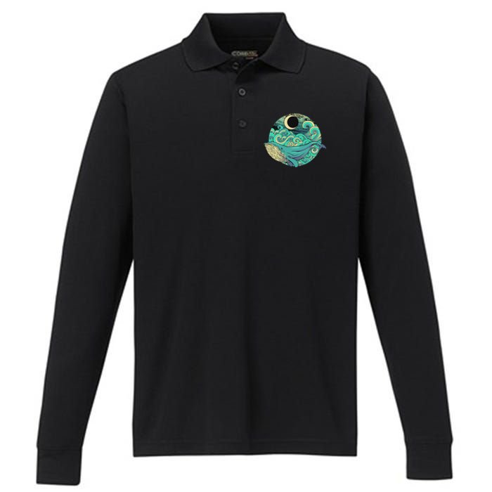 Humpback Whale Marine Life Ocean Nature Sea Blue Waves Moon Performance Long Sleeve Polo