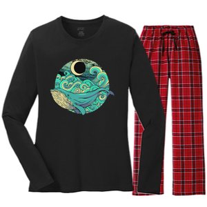 Humpback Whale Marine Life Ocean Nature Sea Blue Waves Moon Women's Long Sleeve Flannel Pajama Set 