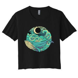 Humpback Whale Marine Life Ocean Nature Sea Blue Waves Moon Women's Crop Top Tee