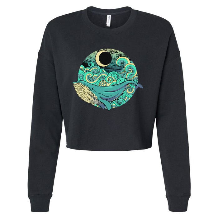 Humpback Whale Marine Life Ocean Nature Sea Blue Waves Moon Cropped Pullover Crew