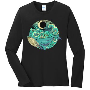 Humpback Whale Marine Life Ocean Nature Sea Blue Waves Moon Ladies Long Sleeve Shirt