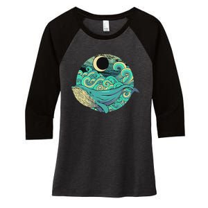 Humpback Whale Marine Life Ocean Nature Sea Blue Waves Moon Women's Tri-Blend 3/4-Sleeve Raglan Shirt