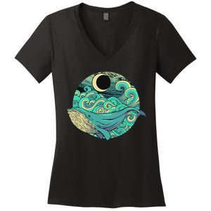 Humpback Whale Marine Life Ocean Nature Sea Blue Waves Moon Women's V-Neck T-Shirt