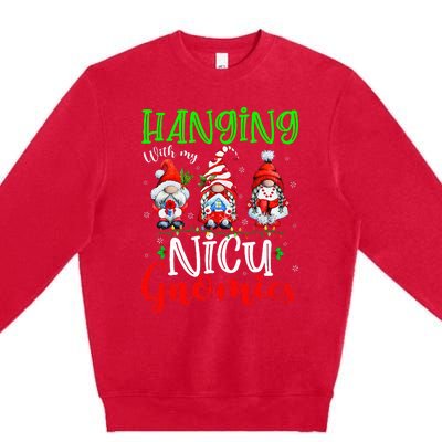 Hanging With My Nicu Gnomies Cute Xmas Lights Gnome Nurse Premium Crewneck Sweatshirt