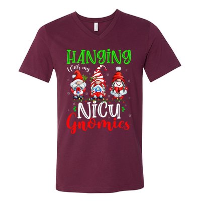 Hanging With My Nicu Gnomies Cute Xmas Lights Gnome Nurse V-Neck T-Shirt