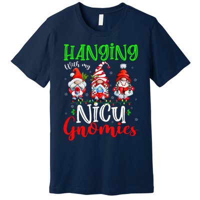 Hanging With My Nicu Gnomies Cute Xmas Lights Gnome Nurse Premium T-Shirt