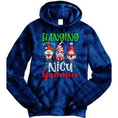 Hanging With My Nicu Gnomies Cute Xmas Lights Gnome Nurse Tie Dye Hoodie