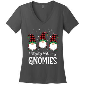 Hanging With My Gnomies Funny Red Plaid Christmas Gnome Women's V-Neck T-Shirt