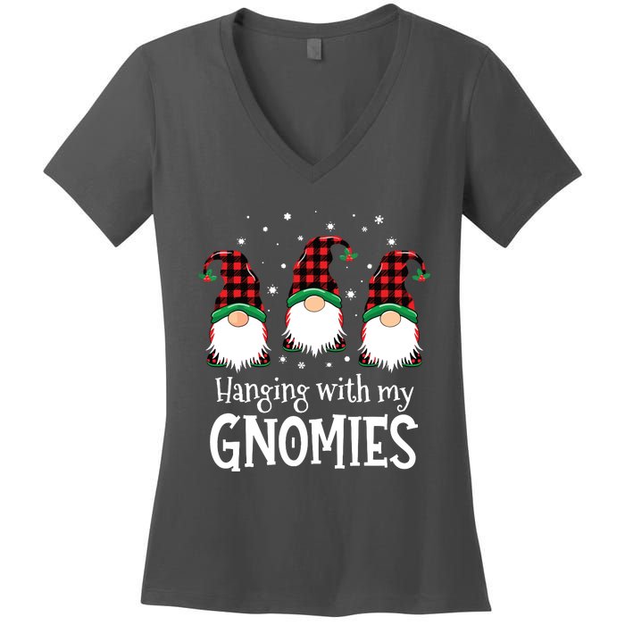 Hanging With My Gnomies Funny Red Plaid Christmas Gnome Women's V-Neck T-Shirt