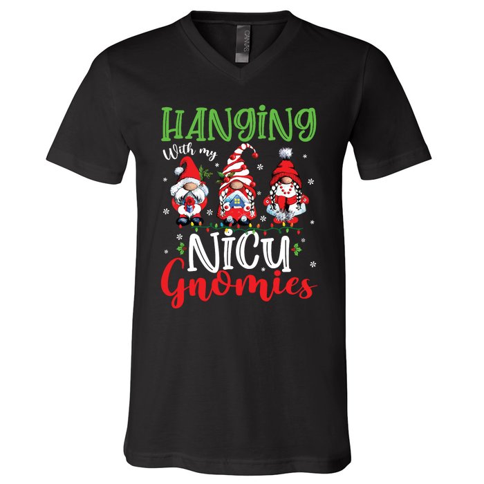 Hanging With My Nicu Gnomies Cute Xmas Lights Gnome Nurse V-Neck T-Shirt