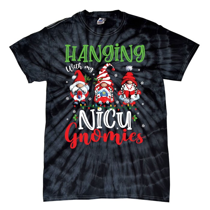 Hanging With My Nicu Gnomies Cute Xmas Lights Gnome Nurse Tie-Dye T-Shirt