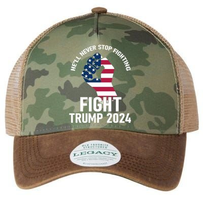 He Will Never Stop Fighting To Save America Fight Trump 2024 Flag Legacy Tie Dye Trucker Hat