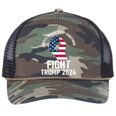 He Will Never Stop Fighting To Save America Fight Trump 2024 Flag Retro Rope Trucker Hat Cap