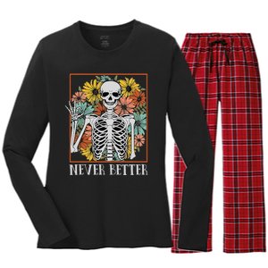 Halloween Women Never Better Skeleton Floral Skull Women's Long Sleeve Flannel Pajama Set 