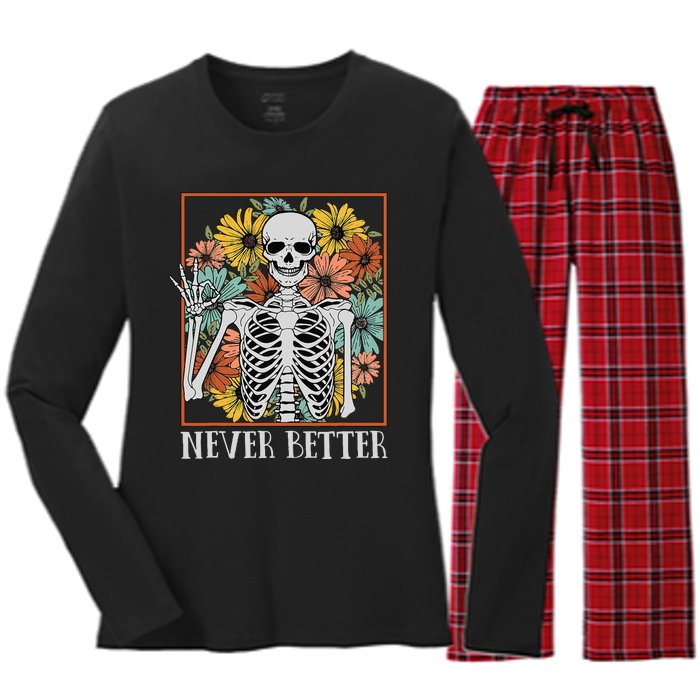 Halloween Women Never Better Skeleton Floral Skull Women's Long Sleeve Flannel Pajama Set 