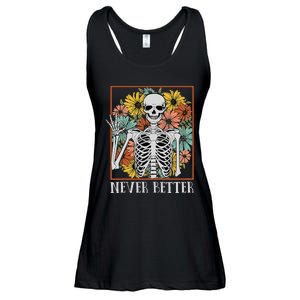 Halloween Women Never Better Skeleton Floral Skull Ladies Essential Flowy Tank