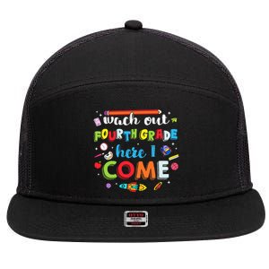 Heart Watch Out Fourth Grade Here I Come Back To School Funny Gift 7 Panel Mesh Trucker Snapback Hat