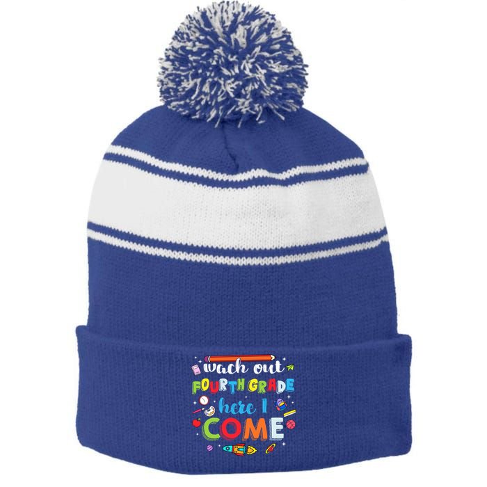 Heart Watch Out Fourth Grade Here I Come Back To School Funny Gift Stripe Pom Pom Beanie