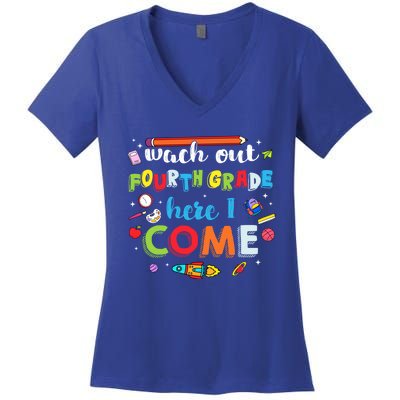 Heart Watch Out Fourth Grade Here I Come Back To School Funny Gift Women's V-Neck T-Shirt